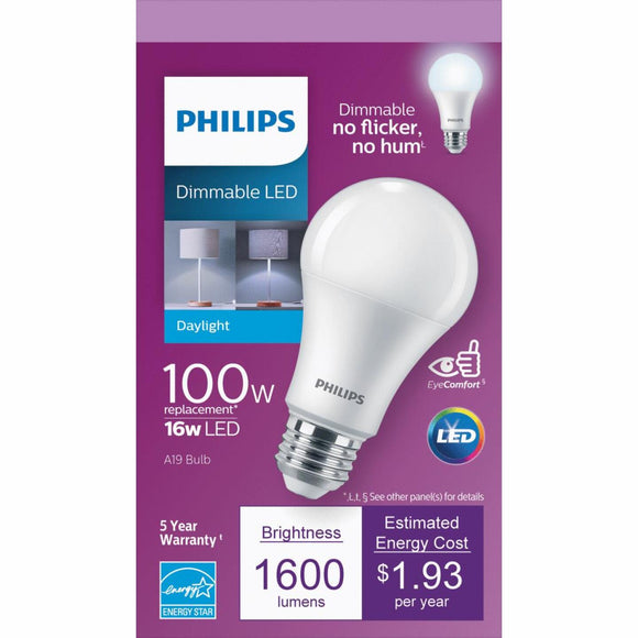 Philips 100W Equivalent Daylight A19 Medium Dimmable LED Light Bulb, Title 20 Compliant