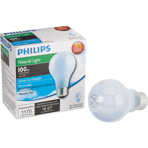 Philips 100W Equivalent Natural Light Medium Base A19 Halogen Light Bulb (2-Pack)