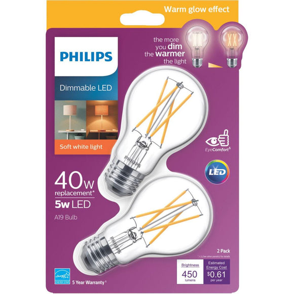 Philips Warm Glow 40W Equivalent Soft White A19 Medium Dimmable LED Light Bulb (2-Pack)