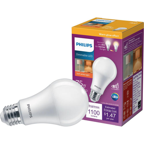 Philips Warm Glow 75W Equivalent Soft White A19 Medium Dimmable LED Light Bulb, Title 20 Compliant