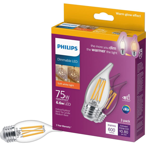 Philips Warm Glow 75W Equivalent Soft White BA11 Medium Dimmable LED Light Bulb (3-Pack)