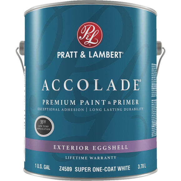 Pratt & Lambert Accolade 100% Acrylic Paint & Primer Eggshell Exterior House Paint, Super One Coat White, 1 Gal.