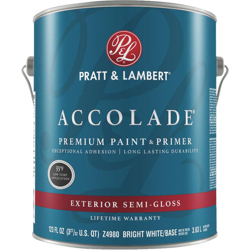 Pratt & Lambert Accolade 100% Acrylic Paint & Primer Semi-Gloss Exterior House Paint, Bright White Base, 1 Gal.