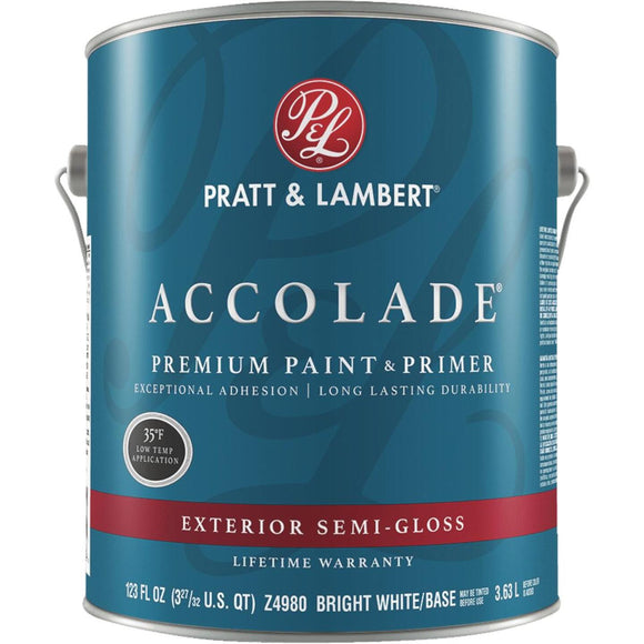 Pratt & Lambert Accolade 100% Acrylic Paint & Primer Semi-Gloss Exterior House Paint, Bright White Base, 1 Gal.