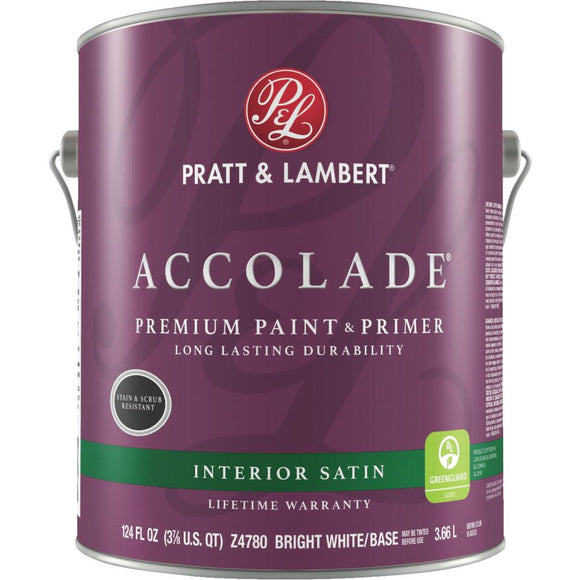 Pratt & Lambert Accolade Premium 100% Acrylic Paint & Primer Satin Interior Wall Paint, Bright White Base, 1 Gal.