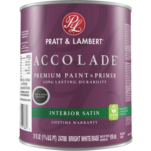 Pratt & Lambert Accolade Premium 100% Acrylic Paint & Primer Satin Interior Wall Paint, Bright White Base, 1 Qt.