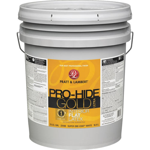Pratt & Lambert Pro-Hide Gold Ultra Latex Flat Interior Wall Paint, Super-One Coat White, 5 Gal.
