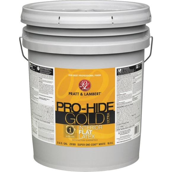 Pratt & Lambert Pro-Hide Gold Ultra Latex Flat Interior Wall Paint, Super-One Coat White, 5 Gal.
