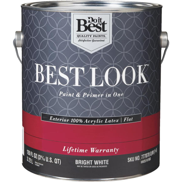 Best Look 100% Acrylic Latex Paint & Primer In One Flat Exterior House Paint, Bright White, 1 Gal.
