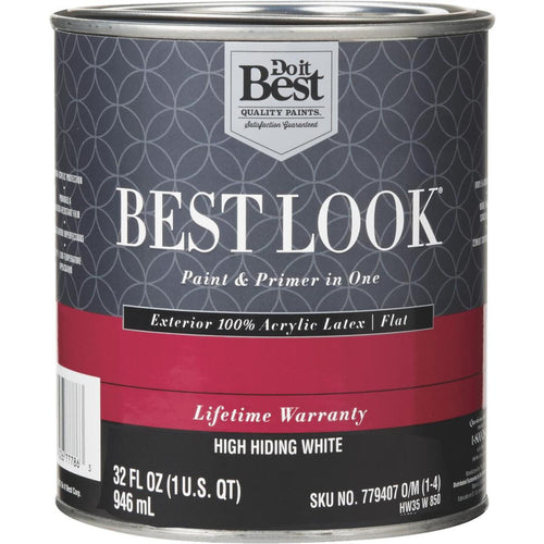 Best Look 100% Acrylic Latex Paint & Primer In One Flat Exterior House Paint, High Hiding White, 1 Qt.