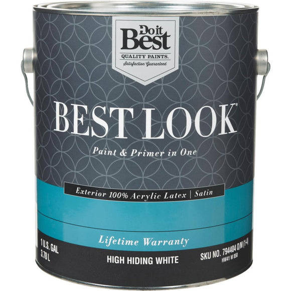 Best Look 100% Acrylic Latex Paint & Primer In One Satin Exterior House Paint, High Hiding White, 1 Gal.