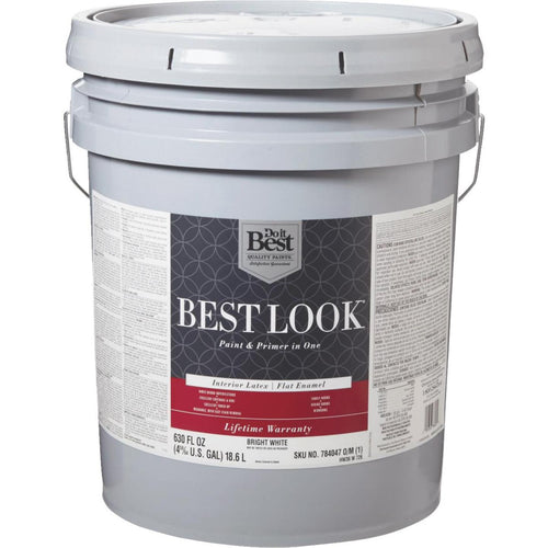 Best Look Latex Paint & Primer In One Flat Enamel Interior Wall Paint, Bright White, 5 Gal.